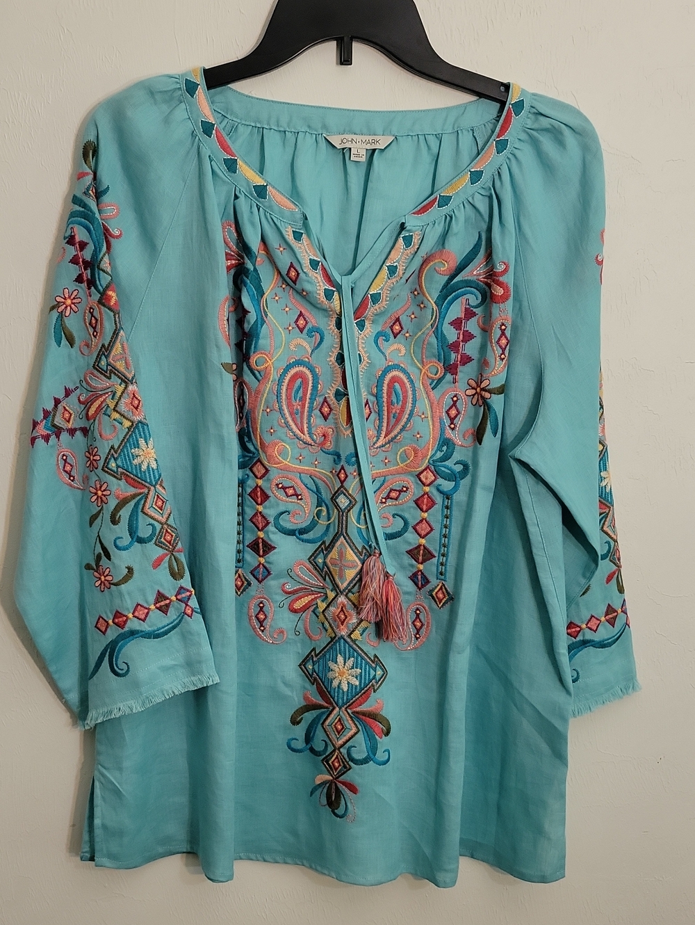 John Mark Aqua Embroidered Boho Tunic